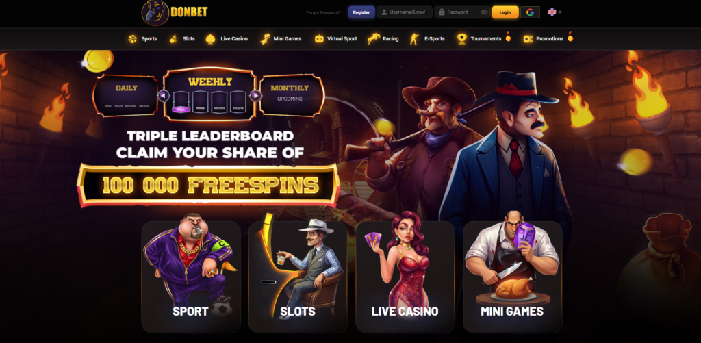 DonBet homepage with Italian mafia theme, casino lobby and sportsbook navigation