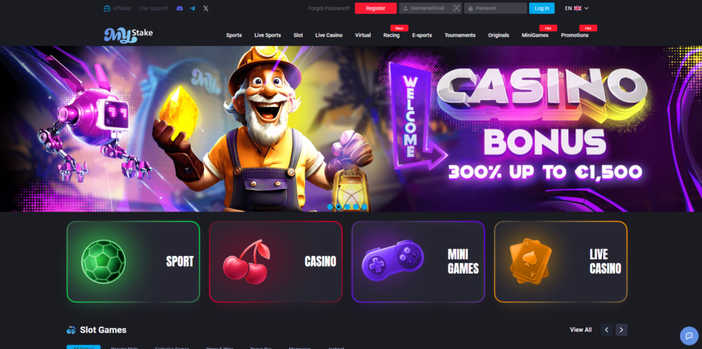 MyStake casino and sportsbook lobby interface