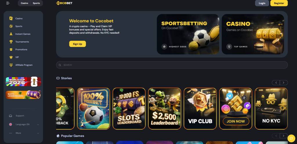 CocoBet crypto casino homepage with deposit options and game lobby