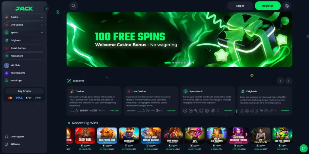 JACK casino homepage at jack.com showing game library and rakeback programme